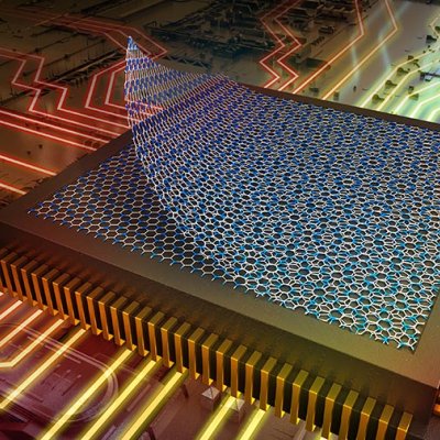 An artists impression of the new material, with nitrogen atoms included in two layers of honeycomb-patterned graphene.